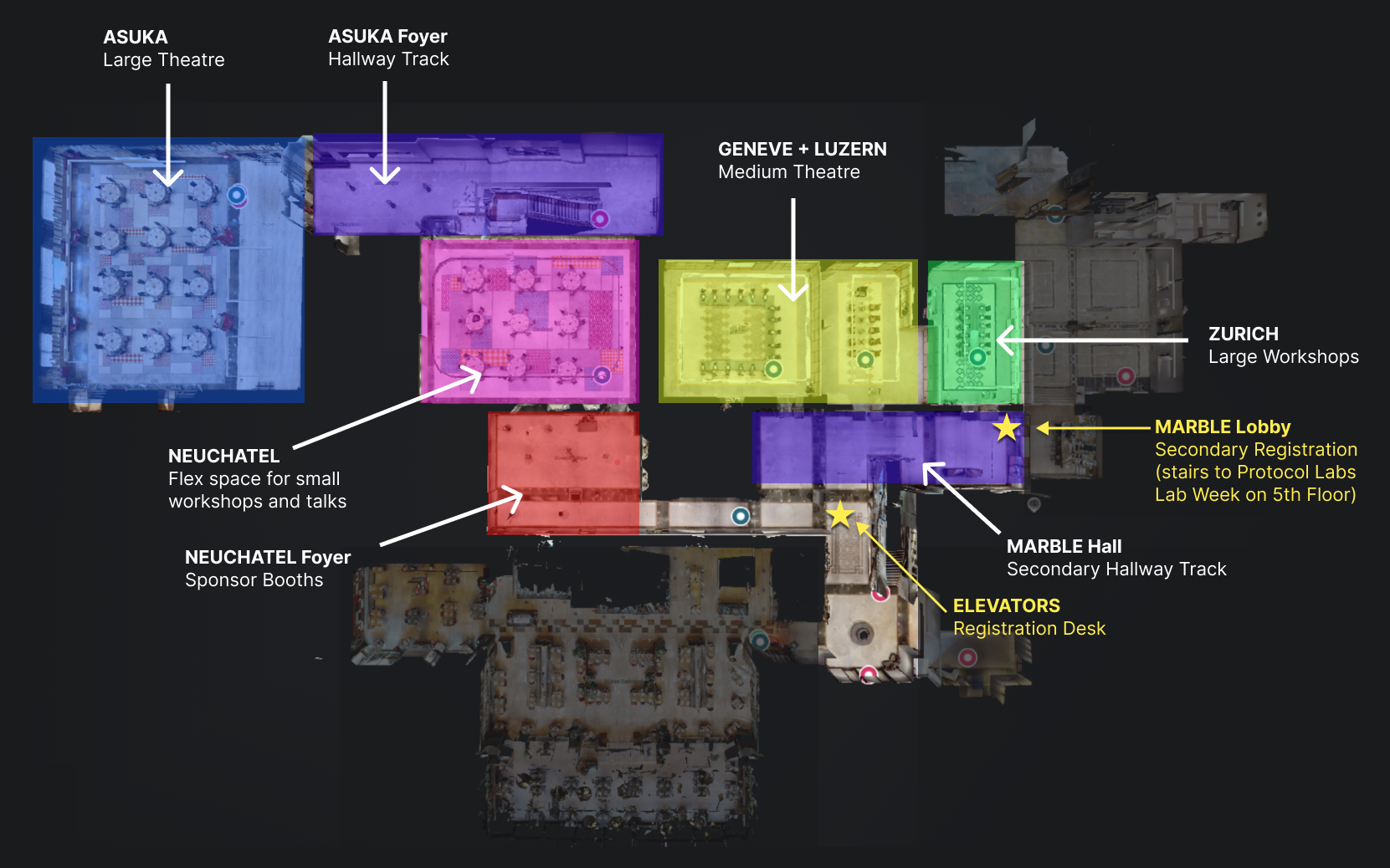 Map highlighting each of the rooms on the fifth floor and their function